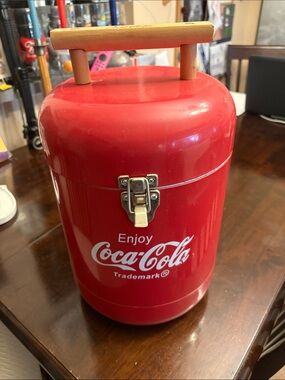 Coca-Cola Red and White Cylindrical Insulated Carrier with Wooden Handle